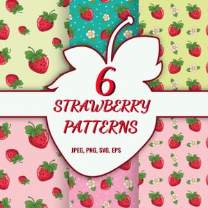 Strawberry seamless pattern. 6 Seamless Strawberry Patterns. Juicy strawberries on pink and green background. Endless pattern for printing