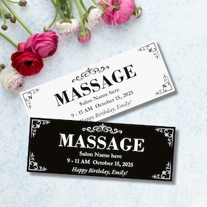 May include: Two rectangular massage gift certificates, one white and one black, with the word "MASSAGE" in large, bold font. The white certificate has decorative corner flourishes and text that reads "Salon Name here, 9-11 AM October 15, 2025, Happy Birthday, Emily!"