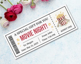 Editable Movie Night Ticket Template | Cinema Gift (pdf, eps, ai, jpg)