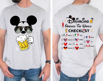 Mickey Beer Minnie Wine Front and Back Shirt, Epcot Drinking Around The World T-Shirt Drinking Around The World Checklist Disneyworld Couple