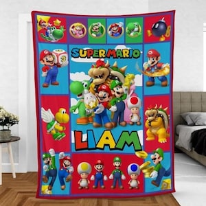 Personalized Super Mario Blanket, Customized Super Mario Quilt, Super Mario Birthday Gifts, Mario Shirt, Game Blanket, Gaming Blanket