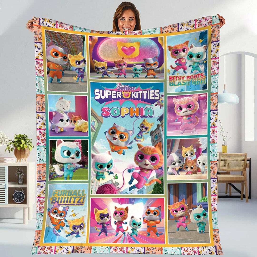 Personalized Superkitties Blanket Superkitties Fleece Blanket Ginny Sparks Buddy and Bitsy