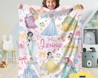 Personalized Watercolor Coquette Bows Disneyland Princess Blanket, WDW Disneyland Baby Girl Trip Blanket, Princess Birthday Girl Blanket