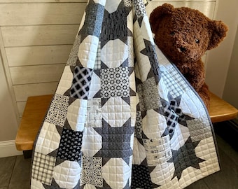 Handmade Star Quilt: Black and White Patchwork Throw