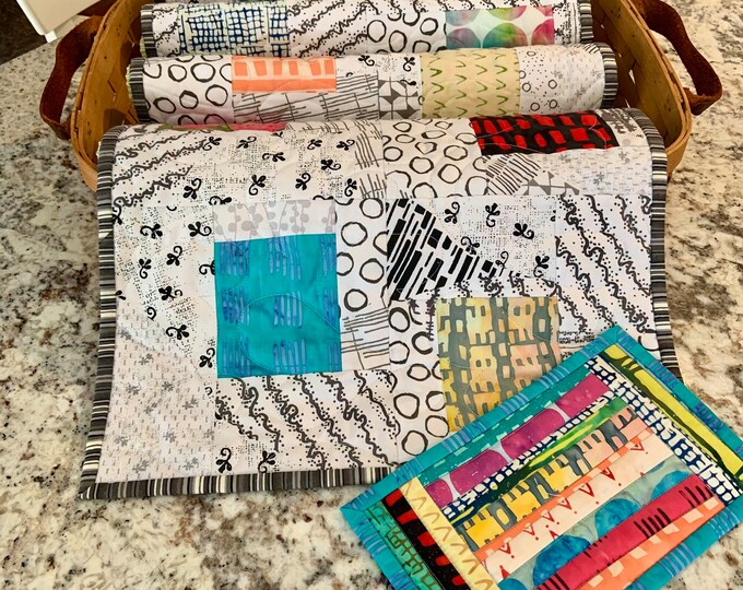 Handmade Quilted Table Runners and Mug Rug Here There Batiks Modern