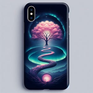May include: A dark blue phone case with a fantasy landscape design. A pink tree is at the top of a winding path, leading to a glowing shell. The background shows a starry sky and aurora borealis-like effects.