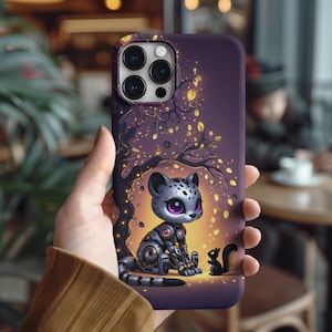 May include: A purple phone case featuring a stylized illustration of a robotic cheetah with purple eyes, sitting under a tree with golden leaves. A small black squirrel is next to the cheetah. The case has a glossy finish.