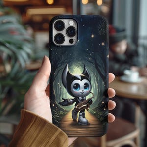 Sudadera con saxofonista de dibujos animados en un bosque brillante, regalo para amantes de la música, saxofonista del bosque, sudadera con capucha con un personaje adorable, arte natural caprichoso
