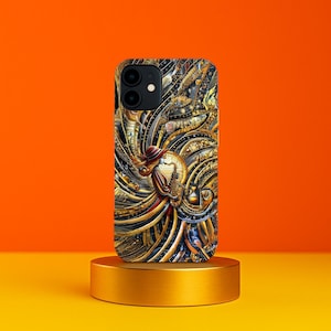 May include: A phone case with a detailed steampunk-style design. The case features a figure playing a saxophone, surrounded by gears, pipes, and intricate mechanical elements in gold, bronze, and black. The case is displayed on a gold stand against an orange background.