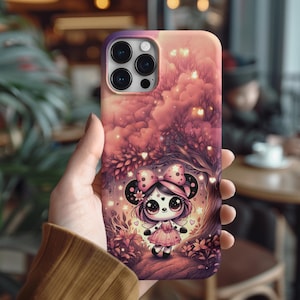 Funda para teléfono, adorable personaje de dibujos animados con ojos brillantes, orejas de panda y lazo rosa, diseño de bosque de cuento de hadas - Fundas resistentes, cubierta protectora,