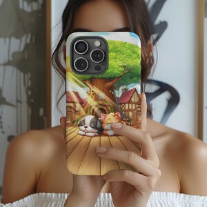Funda para teléfono con diseño único de perro y gato, arte animal lindo, diseño de bosque encantado, regalo caprichoso para amantes de las mascotas