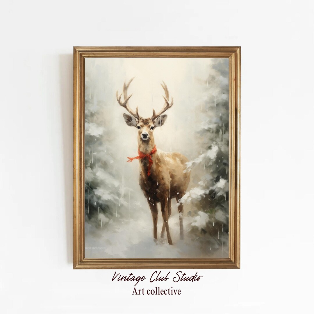 Vintage Deer Wall Art Rustic Winter Print Antique Snowy Forest Oil ...