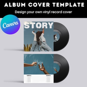 Puede incluir: Una plantilla de portada de disco de vinilo con un fondo azul y una foto de dos personas. El texto "STORY" y "Lily Bennett" están en la portada. La plantilla está diseñada para usar con Canva.