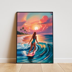 Surfer Girl Beach Wall Art Printable, Sunset beach print, Colorful ocean wall decor, Wave print, Coastal wall art, Beach digital print