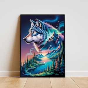 Wolf and Nature Wall Art Poster, Wolf and Nature Art Print, Wild Animal Forest , Wolf and Nature Poster