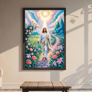 Jesús caminando por un sendero lleno de flores florecientes Arte moderno, arte mural con versículos bíblicos, póster imprimible, pintura de acuarela, impresiones coloridas