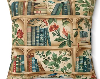 Almohada floral vintage para amantes de los libros, decoración acogedora para el hogar, acento para el rincón de lectura, regalo para amantes de los libros, cojín inspirado en la biblioteca, regalo para amantes de los libros