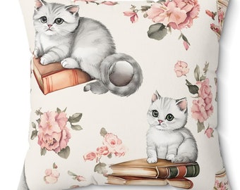 Charming Cat Bookish Floral Square Pillow, Cozy Home Decor, Cat Lover Gift, Throw Pillow for Bookworms, Cute Pet Decor, Vintage Style Cat
