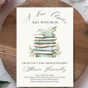 Editable A New Chapter is Will Soon Begin Baby Shower Invitation - Storybook Baby Shower - Library Book Baby Shower