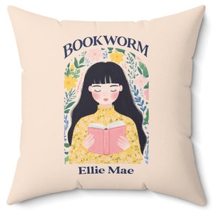 Bookworm Personalized Pillow, Whimsical Reading Gift for Book Lovers, Floral Custom Name Bookworm Pillow for Women Girls Teen Tween Daughter