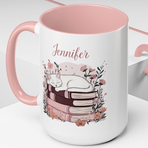 Personalized Cat Lover Coffee Mug, Cats and Books Mug Personalized Reading Lover Coffee Mug for Women, Pink Cat Books Mug, Cat Reading Mug
