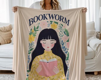Personalized Bookworm Blanket for Girls, Whimsical Gift for Readers, Soft Throw Blanket for Book Lovers, Custom Name Reading Nook Blanket