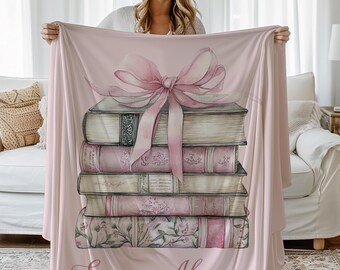 Personalized Velveteen Plush Blanket for Book Lover Cute Pink Book Lover Blanket for Girls, Pink Ribbon Personalized Tween Girl Reading Gift