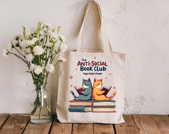 Bolsa de mano del club de lectura antisocial, bonita bolsa de mano con forma de gato, bolsa ecológica para libros, regalo para lectores, accesorio de lectura, regalo para amantes de los gatos
