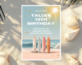 Surfboard Beach birthday Invitation Template, Lets Celebrate Beach Invite Printable, Birthday Beach Invitation Summer, Beach Party Canva