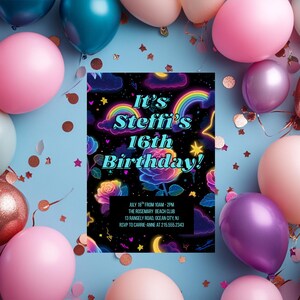 Editable Neon Birthday Party Invitation, Glow Birthday Party Invite, Glow in the Dark, Teen Party, Neon Birthday Invite Canva Printable