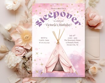 Rosa Tipi Bearbeitbare Pyjama-Party-Geburtstags-Einladung Sleepover-Geburtstags-Einladung Rosa Mädchen-Spa-Tween Teen Digitaler Download Druckbare Canva