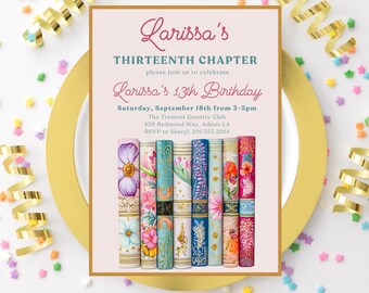 Modelo de convite de aniversário de livro de arco-íris vibrante Link para festa de literatura Convite para clube do livro Convite para festa de aniversário de menina