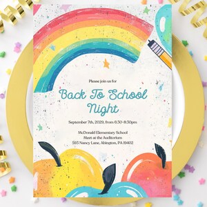 Rustic Rainbow Back to School Night Invitation Back To School Party Invitation, Back To School Bash Invite, End Of Summer Party