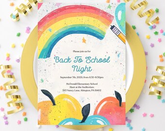 Convite rústico de arco-íris para a noite de volta às aulas Convite para festa de volta às aulas, convite para festa de volta às aulas, festa de fim de verão