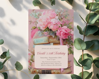 Vintage Pink Roses Book Birthday Invitation Template Link Literature Party Book Club Invite Girl Birthday Party Invite