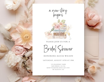 A New Chapter Bridal Shower Invitation Template | Editable Her Next Chapter Begins Wedding Shower Invite | DIY Book Invitation Library Bride