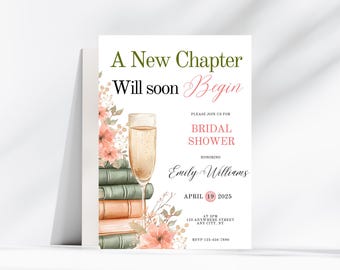 A New Chapter Bridal Shower Invitation Template | Editable Her Next Chapter Begins Wedding Shower Invite | DIY Book Invitation Library Bride