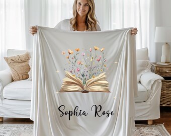 Cobertor de leitura de pelúcia de veludo para amantes de livros personalizado para meninas com nome personalizado, cobertor de pilha de livros para mulheres, cobertor floral caprichoso
