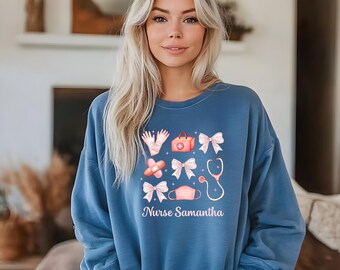 Personalized Fall Nurse Sweatshirt Comfort Colors Nurse Coquette Bow Shirt Girlcore Nursing School Sweater New Nurse Gift Soft Girl Nurse