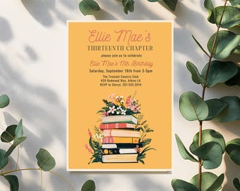 Modelo de convite de aniversário com livro floral rústico Link para festa de literatura Convite para clube do livro Convite para festa de aniversário de menina