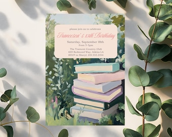 Modelo de convite de aniversário de livro de jardim feminino Link para festa de literatura Convite para clube do livro Convite para festa de aniversário de menina