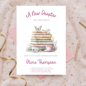 Editable A New Chapter is Will Soon Begin Baby Shower Invitation - Storybook Baby Shower - Library Book Baby Shower