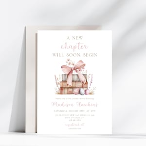 Editable A New Chapter is Will Soon Begin Baby Shower Invitation - Storybook Baby Shower - Library Book Baby Shower