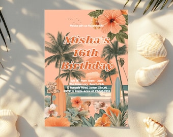 Tropical Beach Birthday Invitation DIY Editable Tropical Birthday Party Invitation Canva Template Beach Party Evite Instant Digital Download