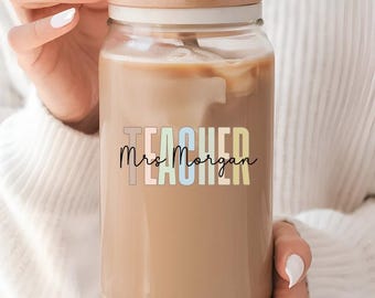 Personalized Teacher Iced Coffee Cup 16oz Glass Cup, Custom Coffee Glass with Lid and Straw, Gift for Teacher,   Teacher Back to School Gift