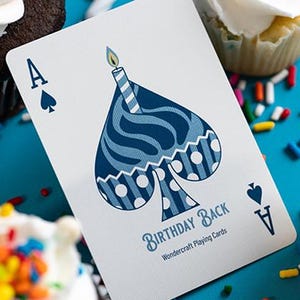 May include: A playing card with a birthday cake design on the Ace of Spades. The card reads "Birthday Back" and is set amongst cupcakes with white icing and colourful sprinkles on a blue surface.