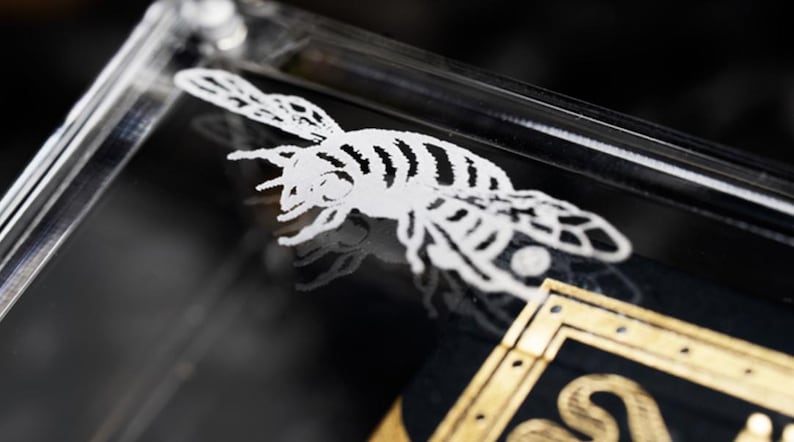 May include: A white bee design etched into a black surface. The bee is detailed with stripes and has a textured appearance.