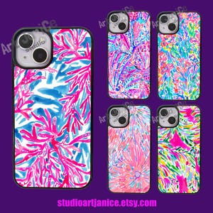May include: Set of 5 phone cases with different colorful abstract floral patterns. The cases are black with a clear protective layer over the design.