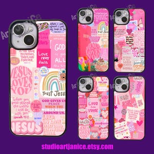 May include: A set of 6 pink and white iPhone cases with a collage of religious quotes and images. The cases feature a variety of designs, including rainbows, hearts, butterflies, and flowers. The text on the cases includes phrases like "Jesus Loves You", "God is Good", and "Trust Jesus".