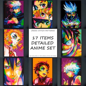 May include: A collection of nine colorful anime-style portraits. The artwork features vibrant colors and bold lines. A central panel reads "CROSS-STITCH PATTERNS, 17 ITEMS, DETAILED ANIME SET". The set includes 17 PDF cross-stitch patterns.